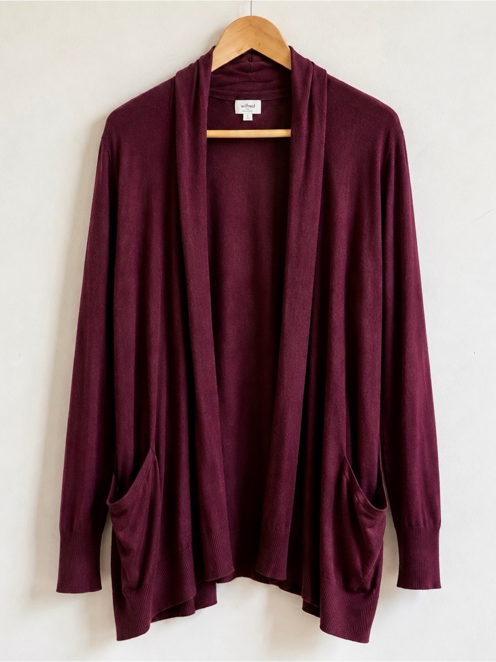 Wilfred Silk Cashmere Long Open Cardigan Plum Burgundy Small